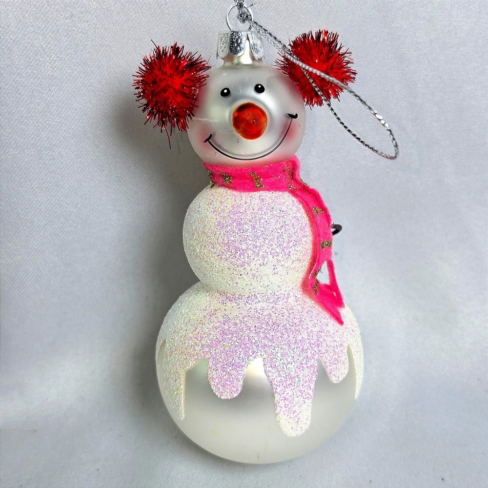 Glass Snowman Christmas Ornament Pink Scarf Red Earmuffs Glitter Purple Gift